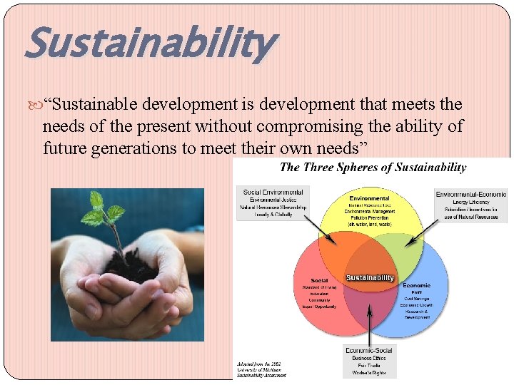 Sustainability “Sustainable development is development that meets the needs of the present without compromising
