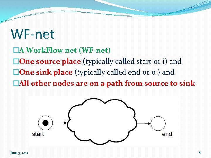 WF-net �A Work. Flow net (WF-net) �One source place (typically called start or i)