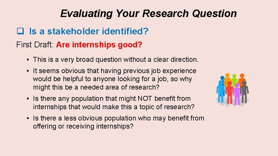 Evaluating Your Research Question q Is a stakeholder identified? First Draft: Are internships good?