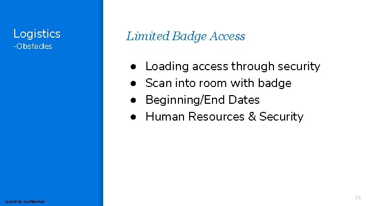 Logistics -Obstacles Limited Badge Access ● ● Sensitivity: Confidential Loading access through security Scan