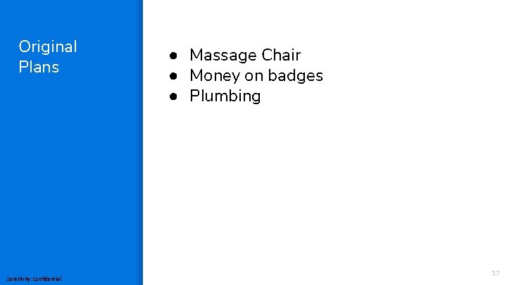 Original Plans Sensitivity: Confidential ● Massage Chair ● Money on badges ● Plumbing 37