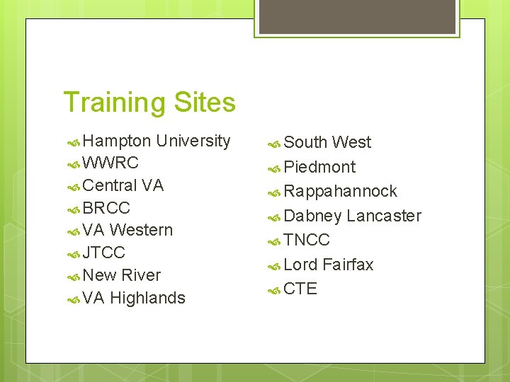 Training Sites Hampton University WWRC Central VA BRCC VA Western JTCC New River VA