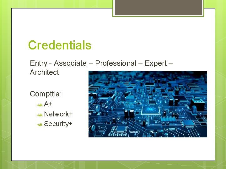 Credentials Entry - Associate – Professional – Expert – Architect Compttia: A+ Network+ Security+