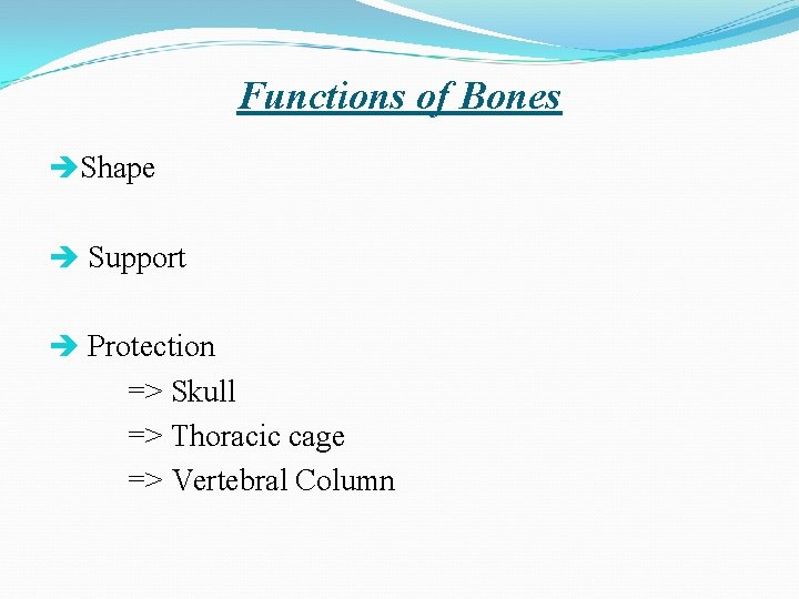 Functions of Bones Shape Support Protection => Skull => Thoracic cage => Vertebral Column