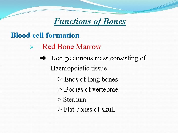 Functions of Bones Blood cell formation Ø Red Bone Marrow Red gelatinous mass consisting