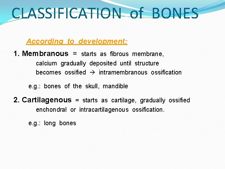 CLASSIFICATION of BONES According to development: 1. Membranous = starts as fibrous membrane, calcium