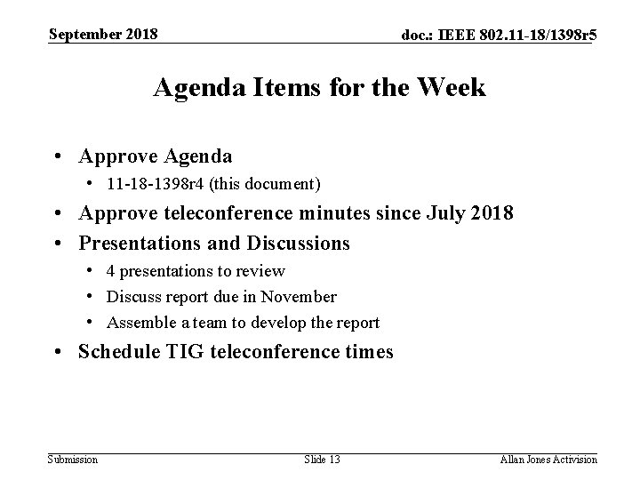 September 2018 doc. : IEEE 802. 11 -18/1398 r 5 Agenda Items for the