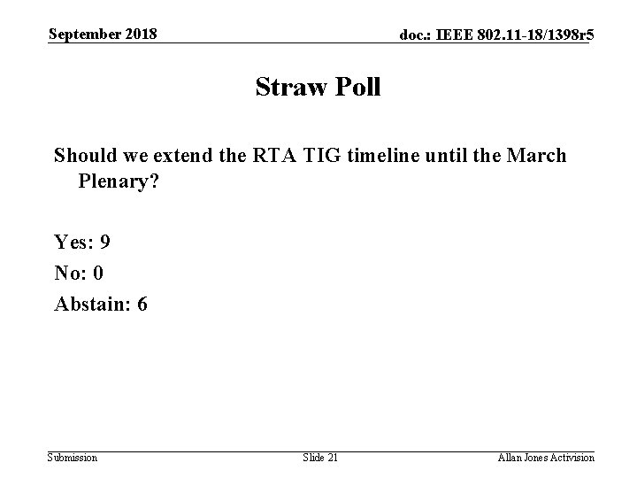 September 2018 doc. : IEEE 802. 11 -18/1398 r 5 Straw Poll Should we