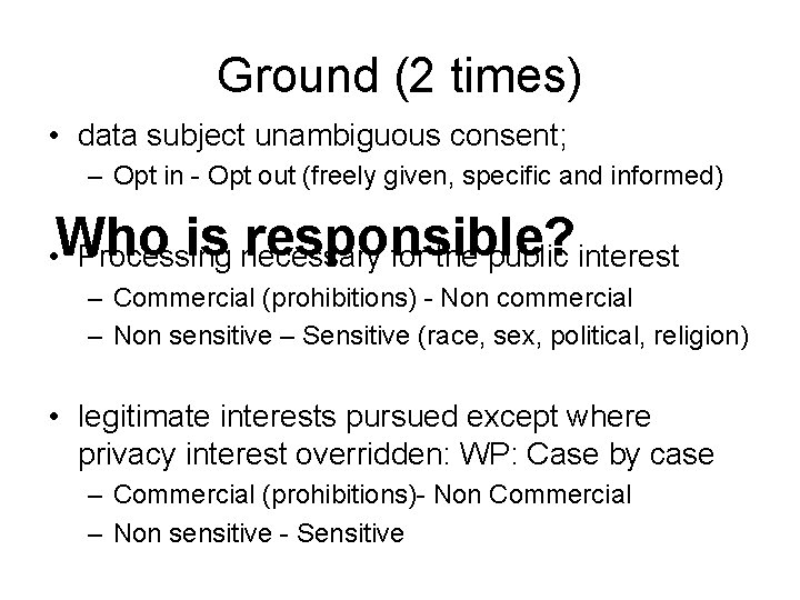 Ground (2 times) • data subject unambiguous consent; – Opt in - Opt out