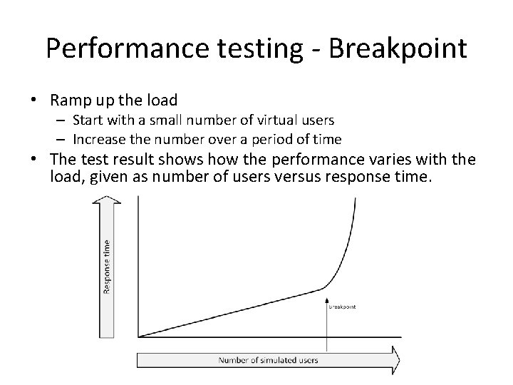 Performance testing - Breakpoint • Ramp up the load – Start with a small