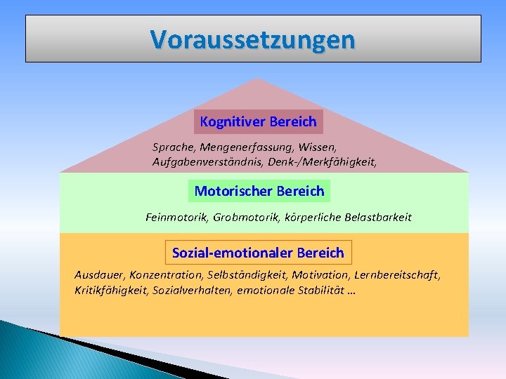 Voraussetzungen Kognitiver Bereich Sprache, Mengenerfassung, Wissen, Aufgabenverständnis, Denk-/Merkfähigkeit, Motorischer Bereich Feinmotorik, Grobmotorik, körperliche Belastbarkeit