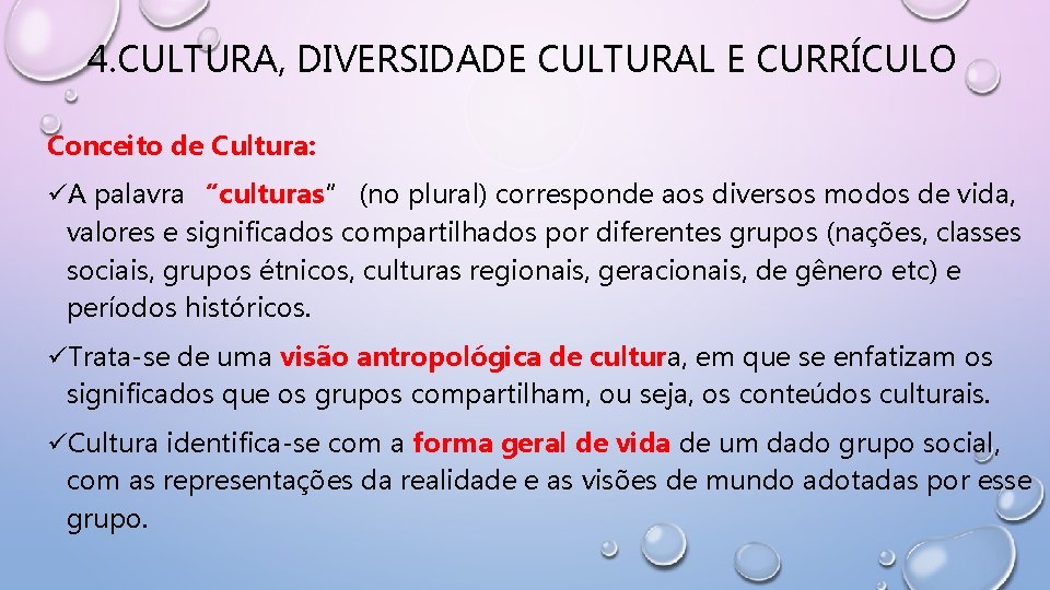 4. CULTURA, DIVERSIDADE CULTURAL E CURRÍCULO Conceito de Cultura: üA palavra “culturas” (no plural)