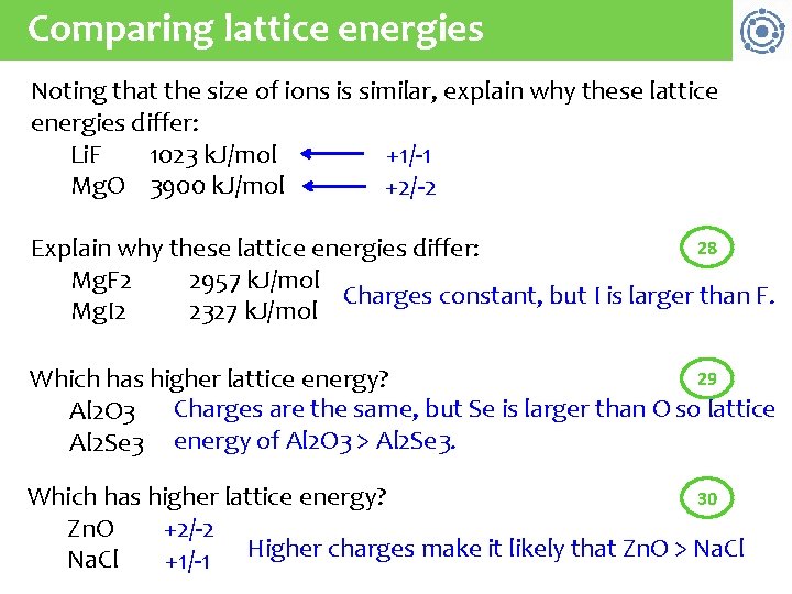 Comparing lattice energies Noting that the size of ions is similar, explain why these