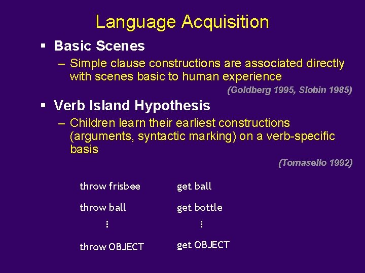 Language Acquisition § Basic Scenes – Simple clause constructions are associated directly with scenes