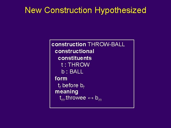 New Construction Hypothesized construction THROW-BALL constructional constituents t : THROW b : BALL form