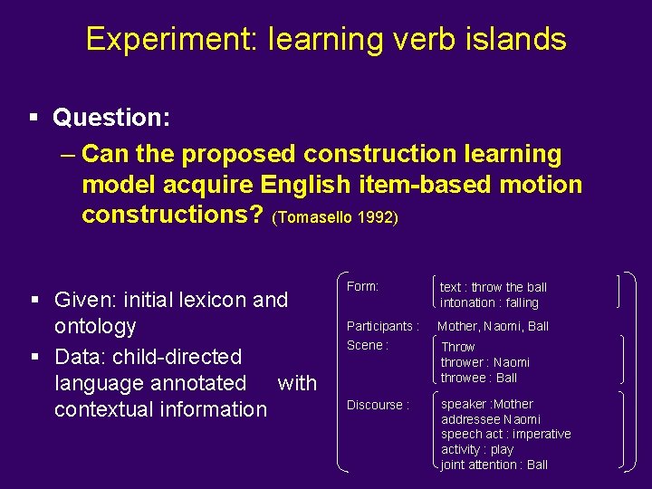 Experiment: learning verb islands § Question: – Can the proposed construction learning model acquire