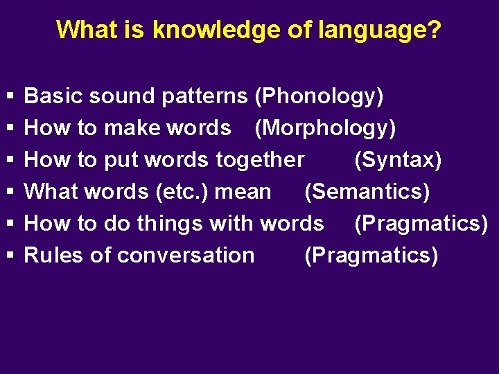 What is knowledge of language? § § § Basic sound patterns (Phonology) How to