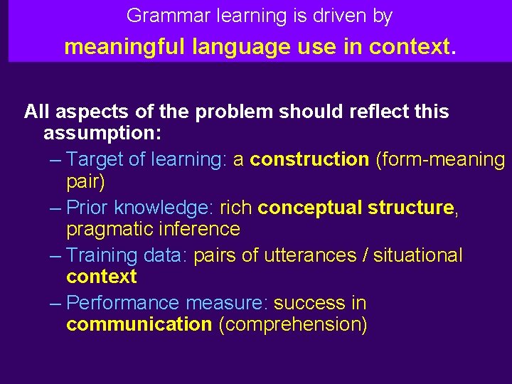 Grammar learning is driven by meaningful language use in context. All aspects of the