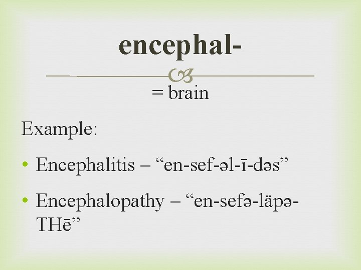 encephal = brain Example: • Encephalitis – “en-sef-əl-ī-dəs” • Encephalopathy – “en-sefə-läpəTHē” 