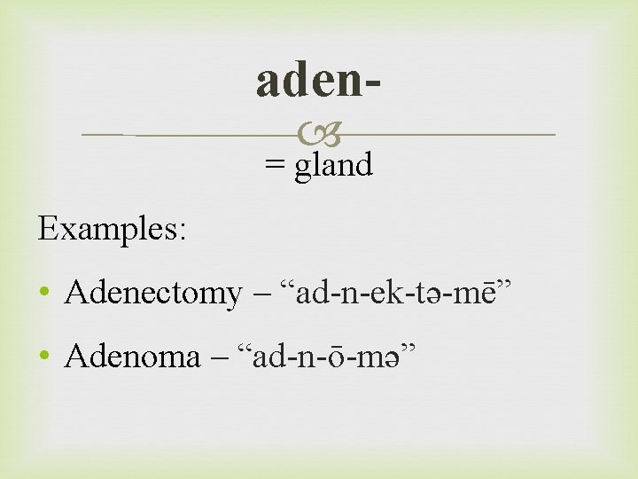 aden = gland Examples: • Adenectomy – “ad-n-ek-tə-mē” • Adenoma – “ad-n-ō-mə” 