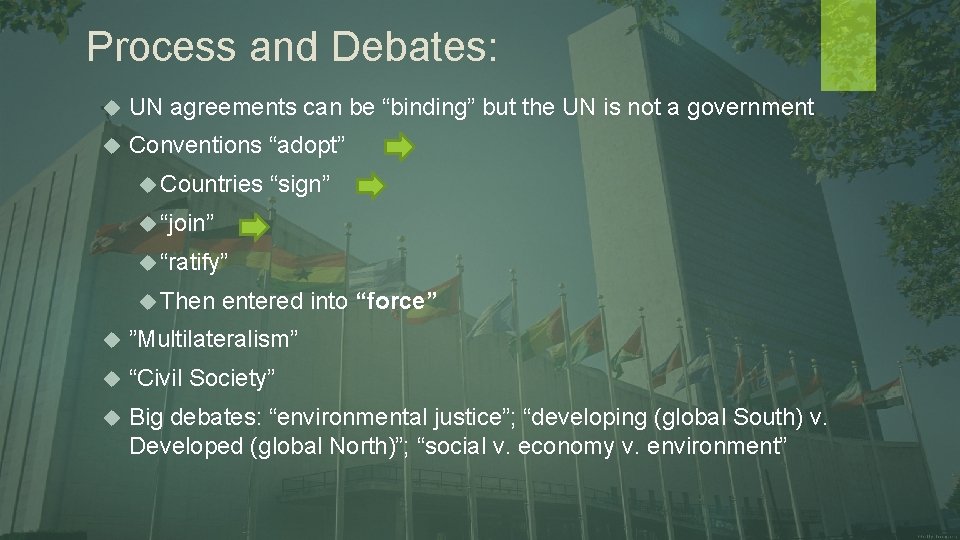 Process and Debates: UN agreements can be “binding” but the UN is not a