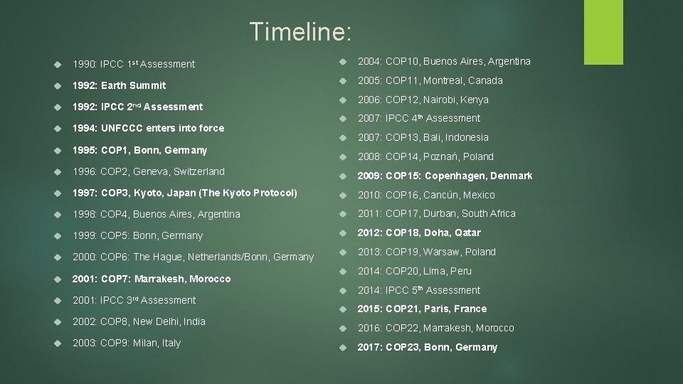 Timeline: 1990: IPCC 1 st Assessment 2004: COP 10, Buenos Aires, Argentina 1992: Earth