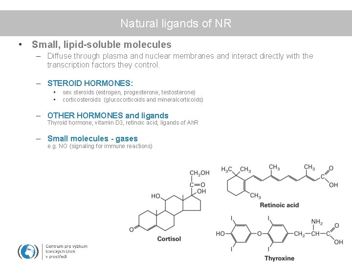 Natural ligands of NR • Small, lipid-soluble molecules – Diffuse through plasma and nuclear