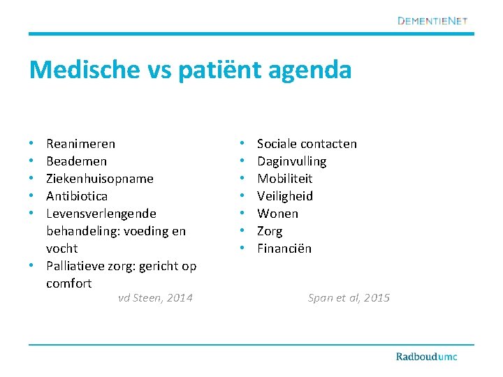 Medische vs patiënt agenda Reanimeren Beademen Ziekenhuisopname Antibiotica Levensverlengende behandeling: voeding en vocht •