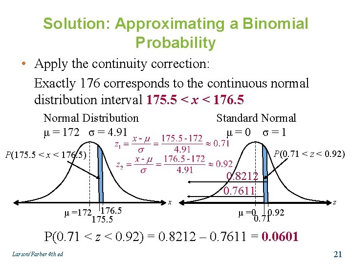 Solution: Approximating a Binomial Probability • Apply the continuity correction: Exactly 176 corresponds to