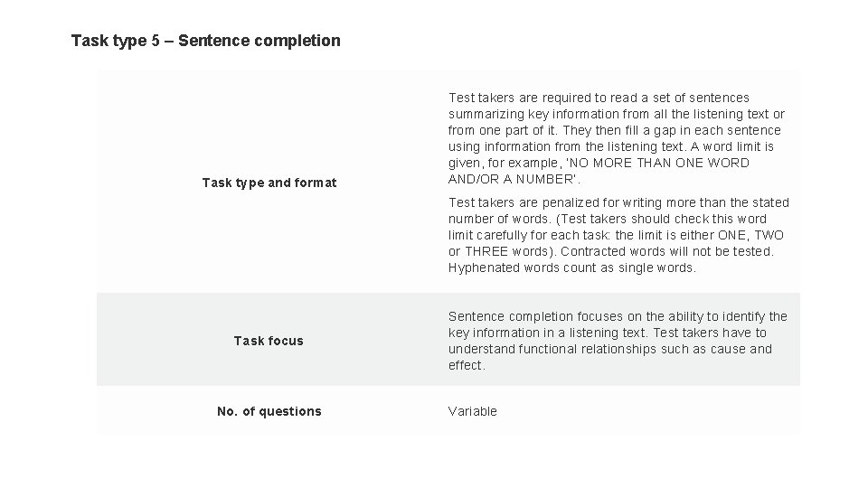 Task type 5 – Sentence completion Task type and format Test takers are required