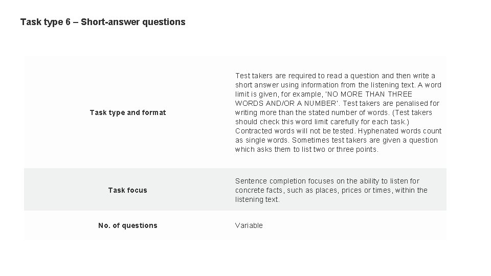 Task type 6 – Short-answer questions Task type and format Task focus No. of