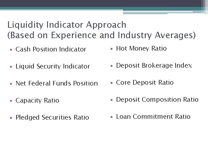 Liquidity Indicator Approach (Based on Experience and Industry Averages) • Cash Position Indicator •