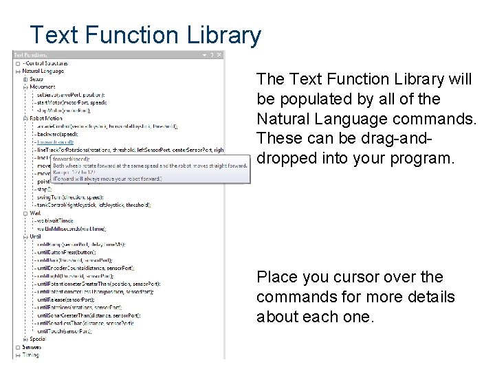 Text Function Library The Text Function Library will be populated by all of the