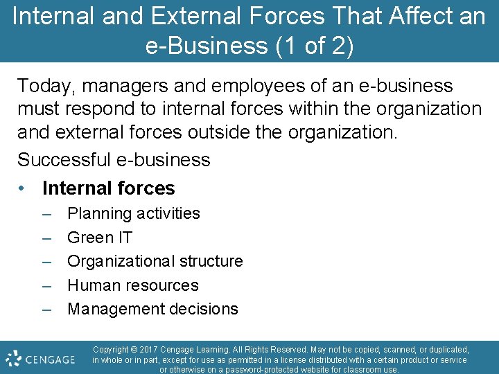 Internal and External Forces That Affect an e-Business (1 of 2) Today, managers and