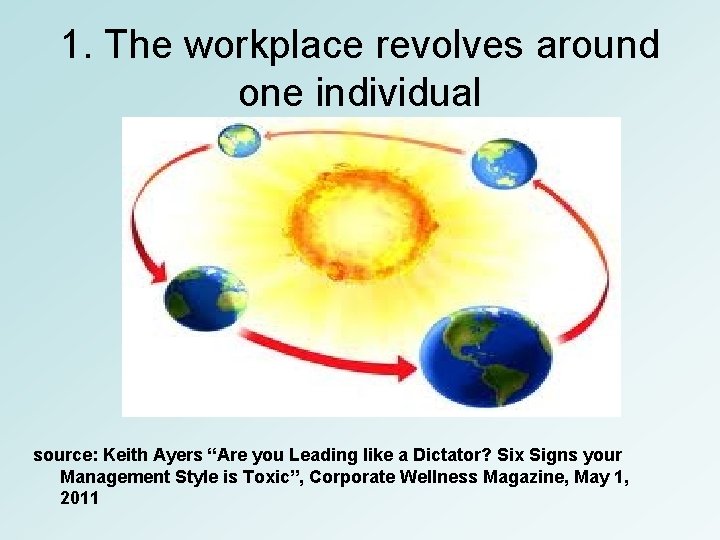 1. The workplace revolves around one individual source: Keith Ayers “Are you Leading like
