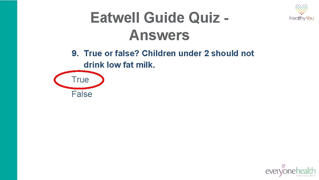 Eatwell Guide Quiz Answers 9. True or false? Children under 2 should not drink