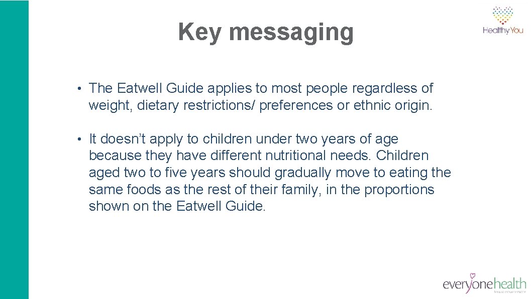 Key messaging • The Eatwell Guide applies to most people regardless of weight, dietary