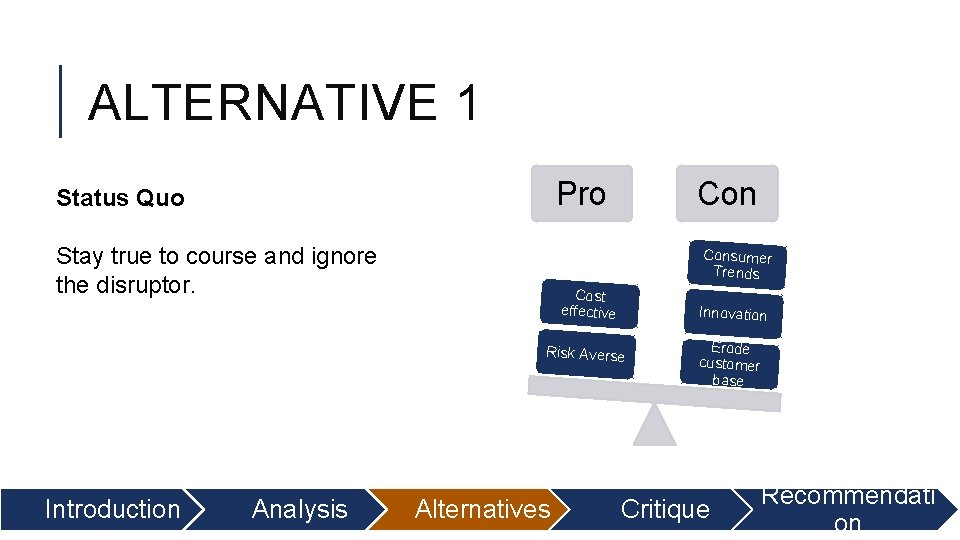 ALTERNATIVE 1 Pro Status Quo Stay true to course and ignore the disruptor. Consumer