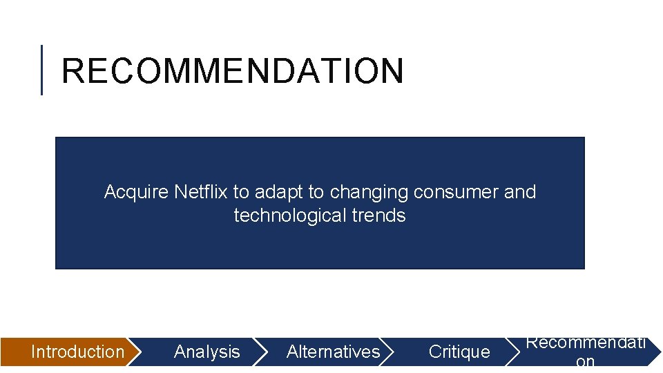 RECOMMENDATION Acquire Netflix to adapt to changing consumer and technological trends Introduction Analysis Alternatives