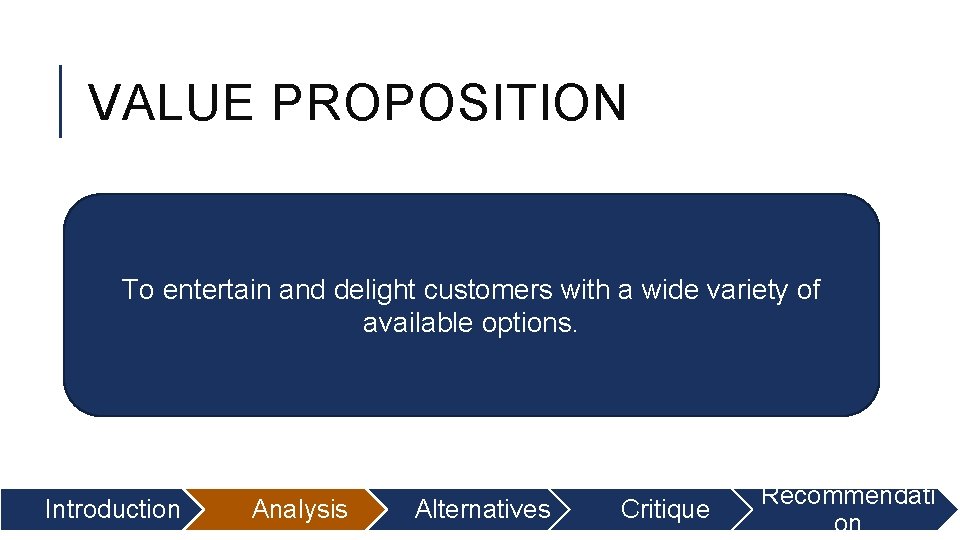 VALUE PROPOSITION To entertain and delight customers with a wide variety of available options.