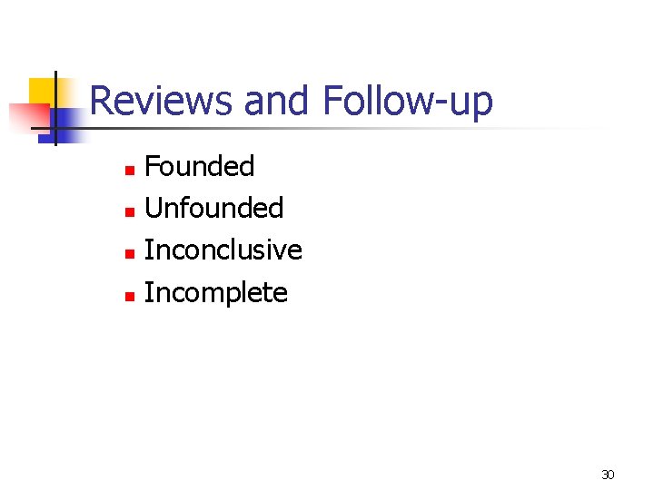 Reviews and Follow-up Founded n Unfounded n Inconclusive n Incomplete n 30 