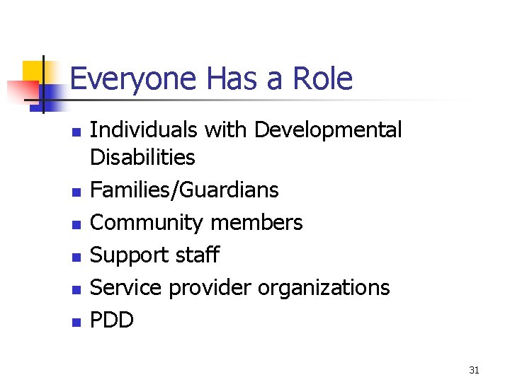 Everyone Has a Role n n n Individuals with Developmental Disabilities Families/Guardians Community members