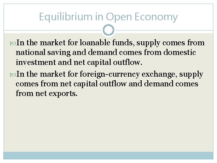 Equilibrium in Open Economy In the market for loanable funds, supply comes from national