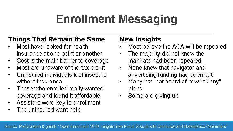Enrollment Messaging Things That Remain the Same New Insights • • • Most have