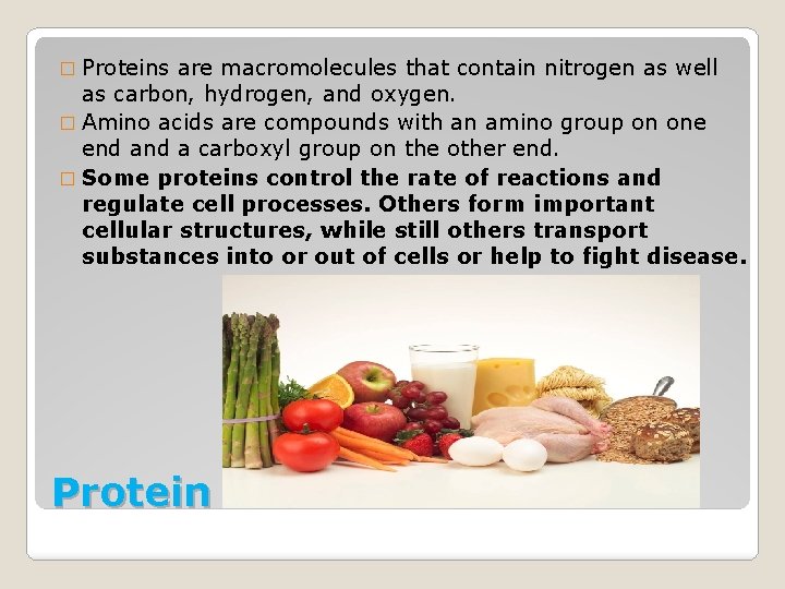 � Proteins are macromolecules that contain nitrogen as well as carbon, hydrogen, and oxygen.