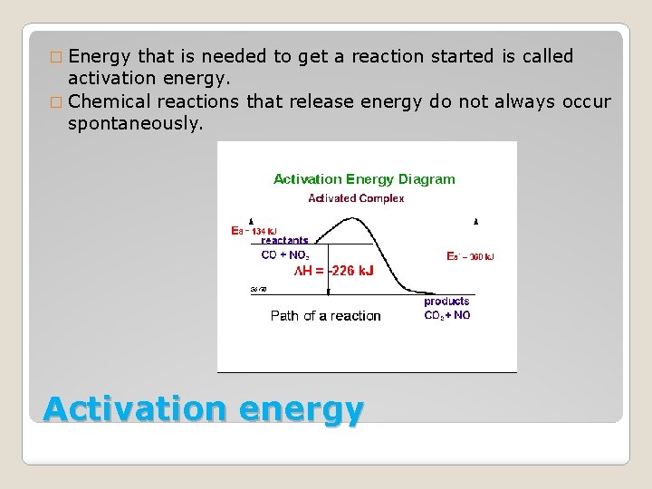 � Energy that is needed to get a reaction started is called activation energy.
