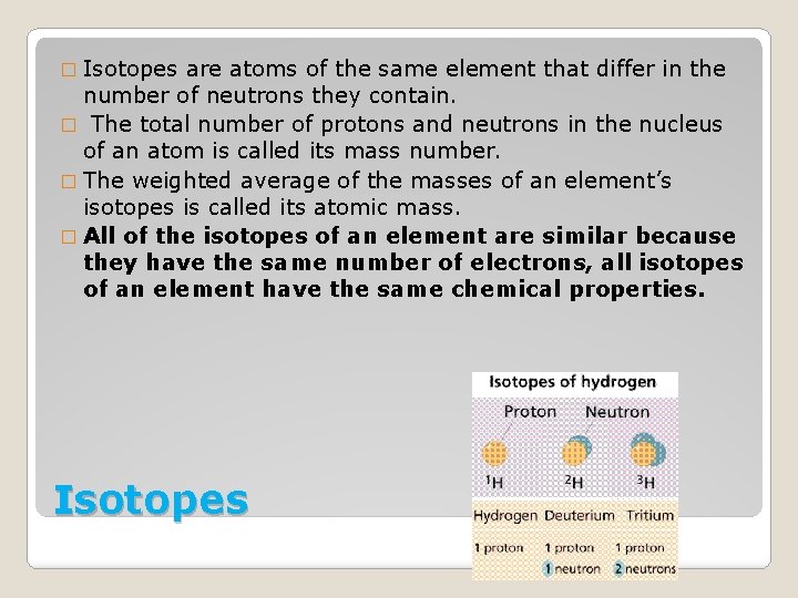 � Isotopes are atoms of the same element that differ in the number of