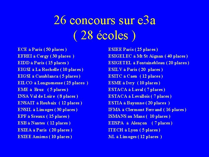 26 concours sur e 3 a ( 28 écoles ) ECE à Paris (