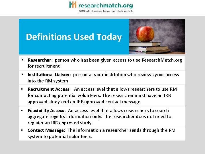 Definitions Used Today § Researcher: person who has been given access to use Research.