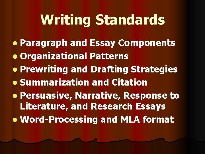 Writing Standards l Paragraph and Essay Components l Organizational Patterns l Prewriting and Drafting